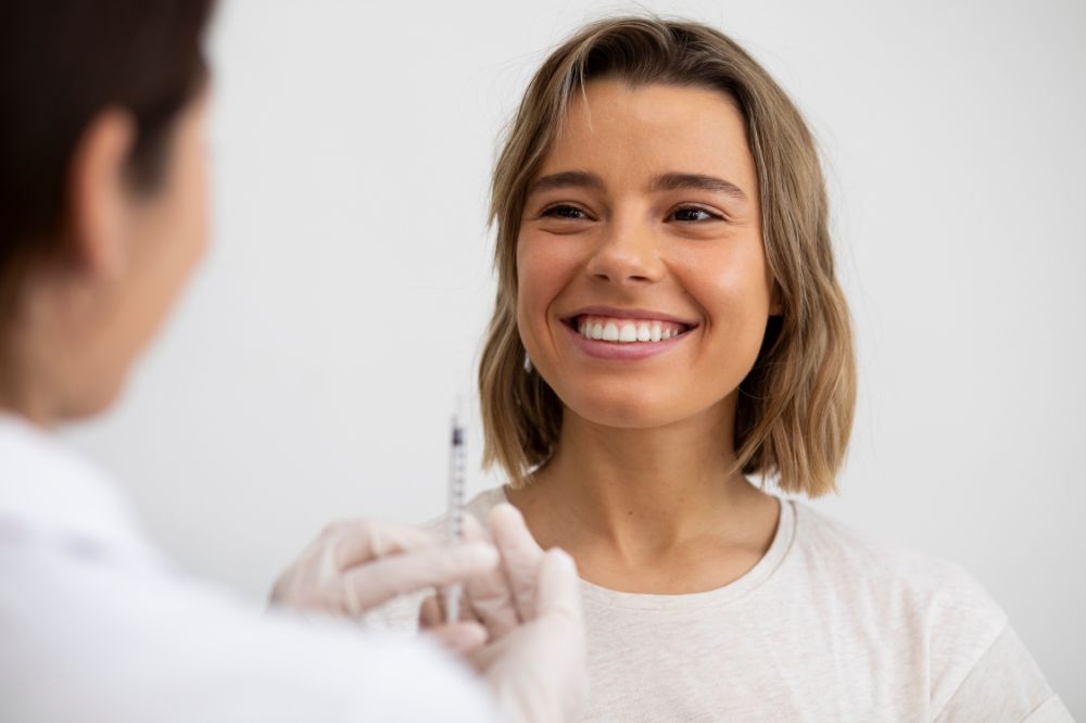 a lady is smiling before having botox treatment